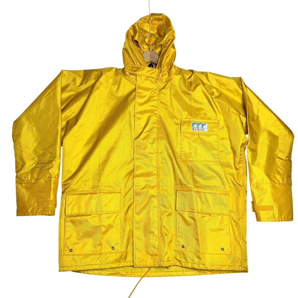 VTG High Seas Foul Weather Rain Jacket Mens L (Fit 2XL) Yellow Lined Fish Hooded